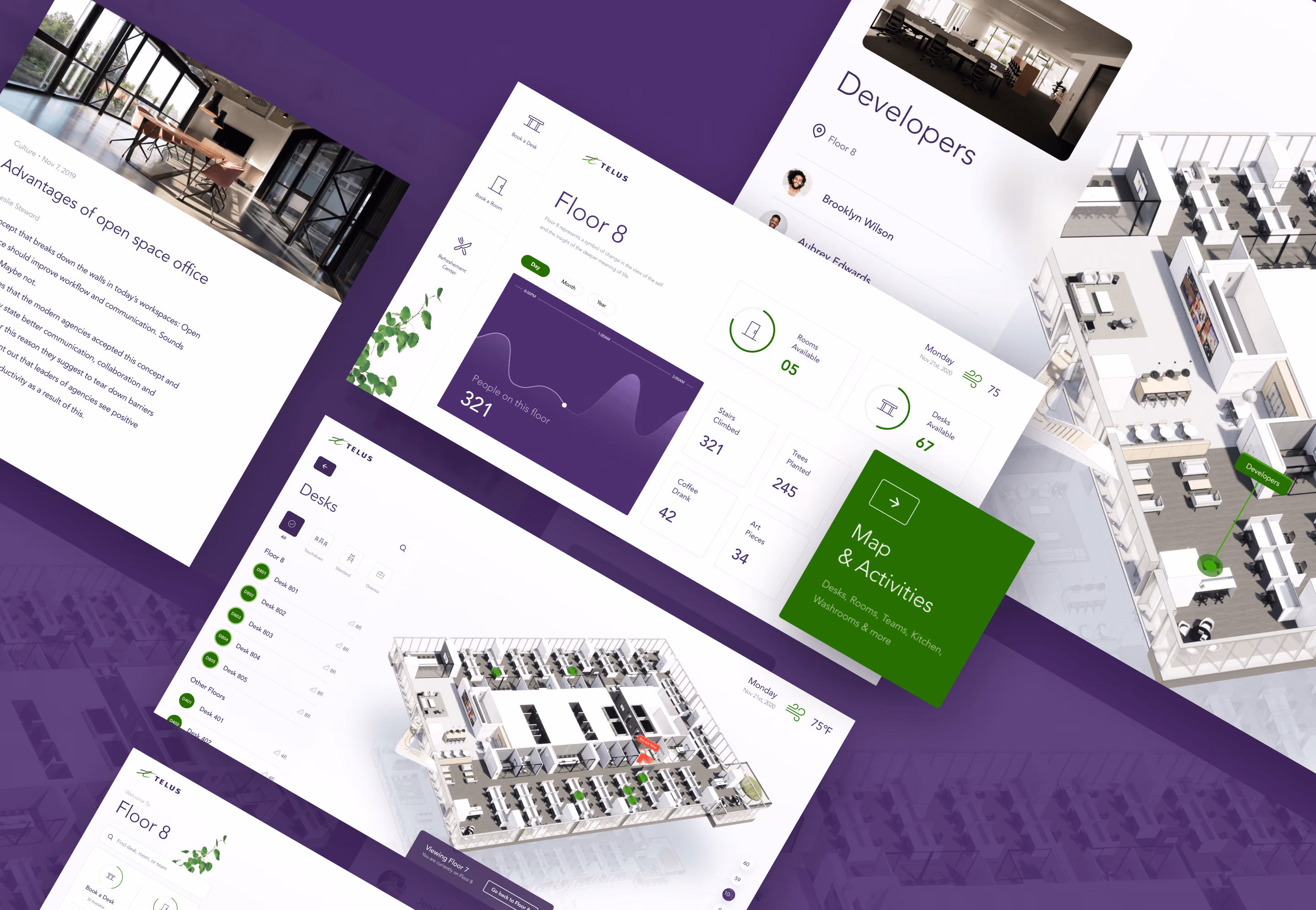 Interface numérique présentant la disposition des bureaux du 8e étage, la disponibilité des postes de travail, les statistiques d'activité et la liste des employés dans un environnement de travail moderne en open space.