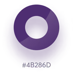 Dégradé circulaire violet avec un léger reflet incurvé et le code hexadécimal #4B286D en bas.