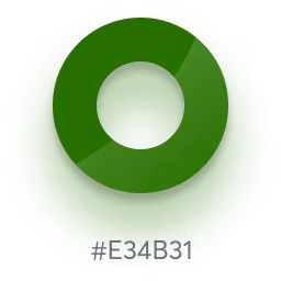 Une forme circulaire vert foncé recouverte d'un dégradé semi-transparent, avec le code hexadécimal #E34B31 en dessous.