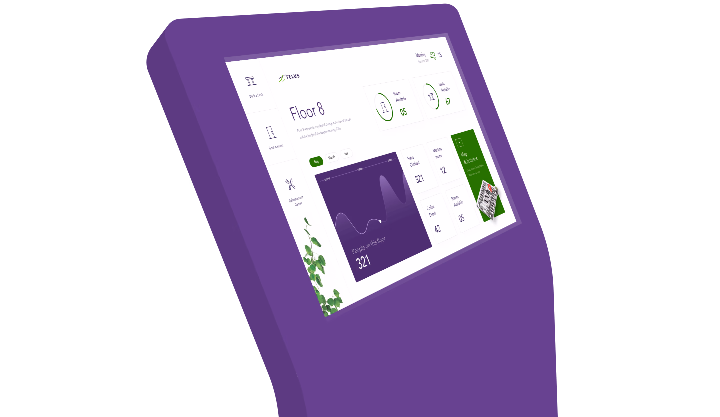 Écran violet du kiosque affichant le tableau de bord du 8e étage, indiquant les salles, les bureaux et les salles de réunion disponibles, ainsi que les statistiques d'activité.