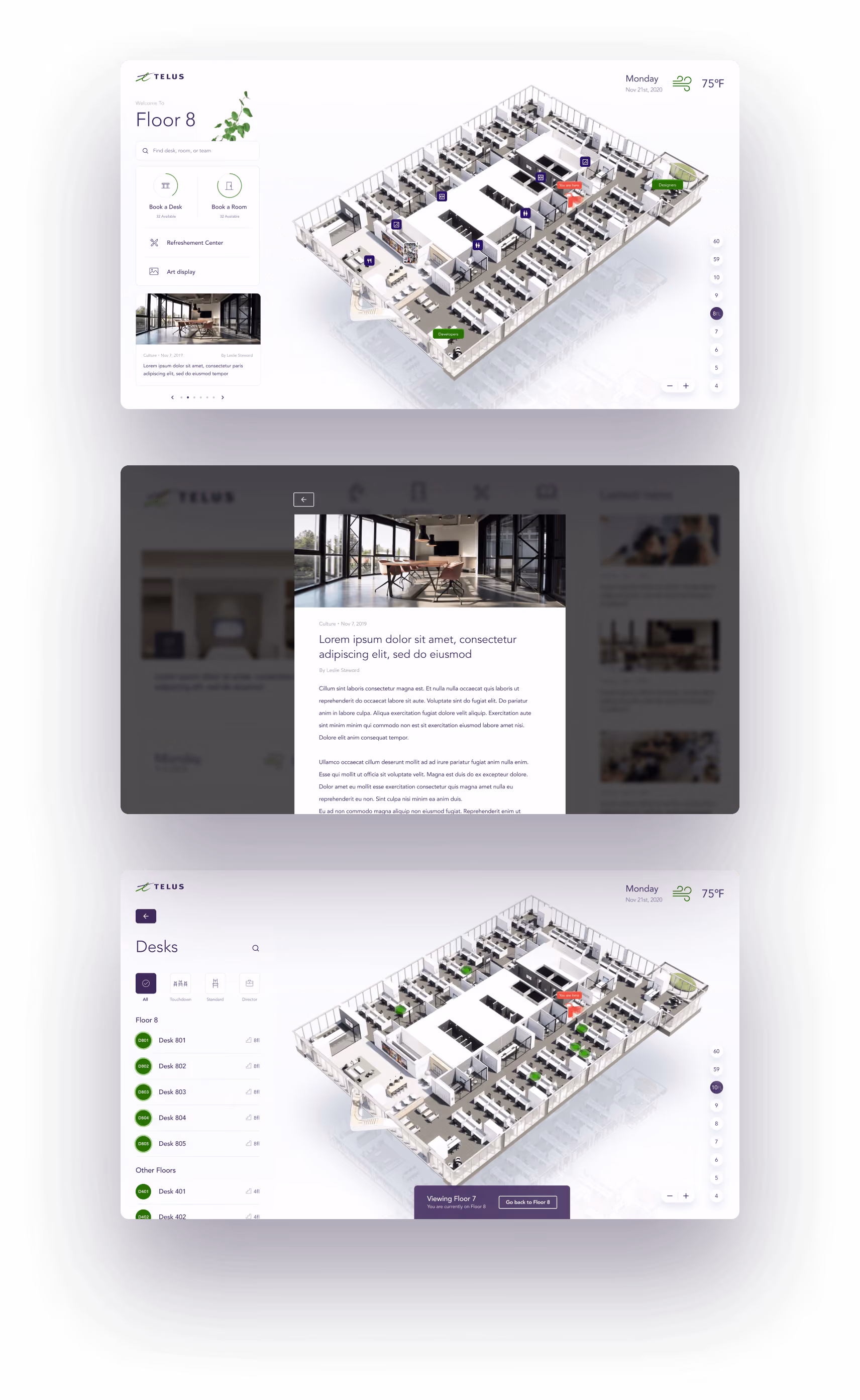 Trois captures d'écran de l'application TELUS de plan des étages, présentant la disposition du 8e étage avec les options de réservation de bureaux et de salles, un aperçu d'un article d'actualité, ainsi qu'une liste des bureaux avec leur statut de disponibilité au 8e étage et aux autres étages.