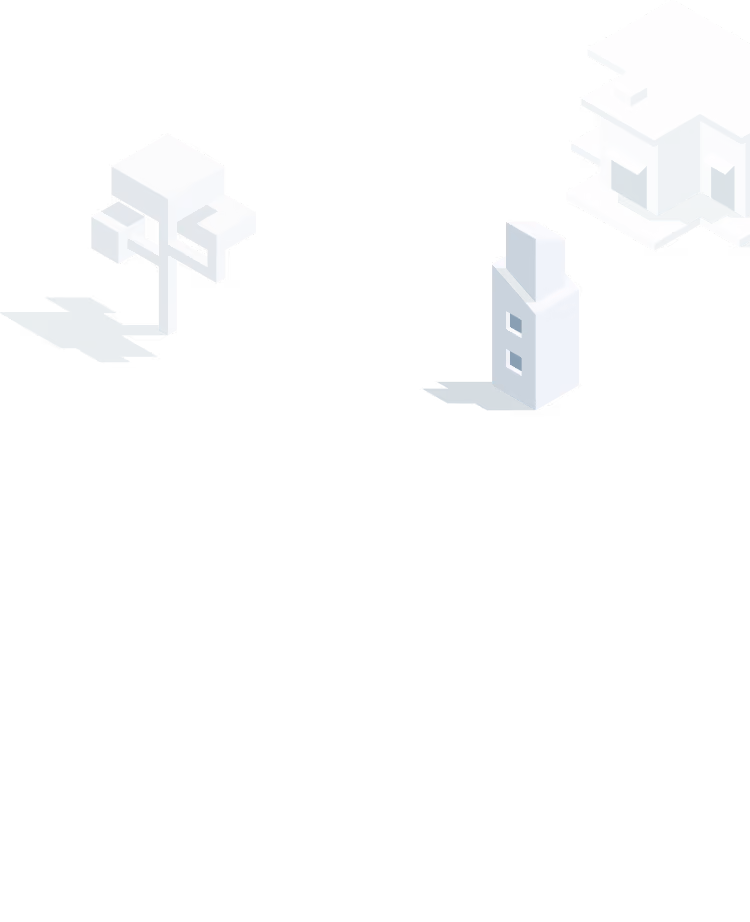Minimalist isometric illustration of three white geometric buildings casting shadows on a black background.