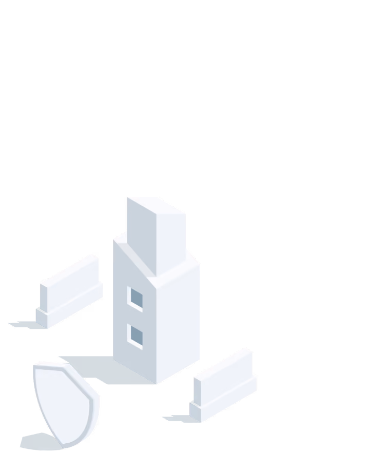 Minimalist 3D building with two windows surrounded by three white barriers and a shield symbol in front.