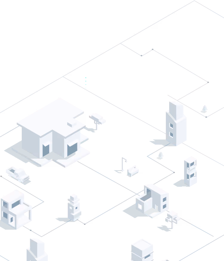 Isometric illustration of a small neighborhood with modern houses, cars, lampposts, and trees connected by outlined property boundaries on a black background.