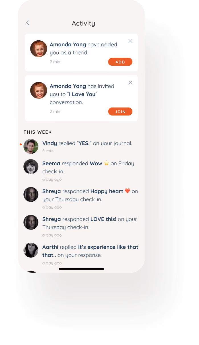 Mobile app screen showing an activity feed with friend requests from Amanda Yang and recent replies to journal and check-in posts from Vindy, Seema, Shreya, and Aarthi.