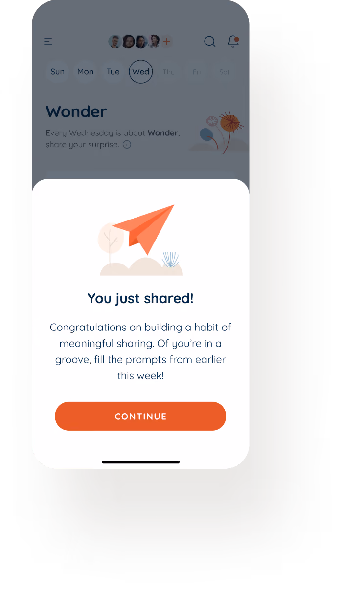 Mobile app screen showing a confirmation popup with a red paper airplane icon and text congratulating the user for meaningful sharing, with a continue button below.