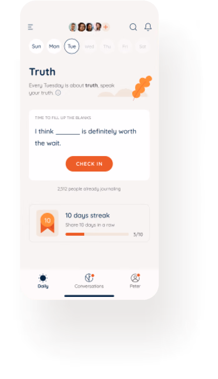 Mobile app screen for truth journaling with a prompt to fill in the blank and a 10-day streak progress bar at 3 of 10 days.