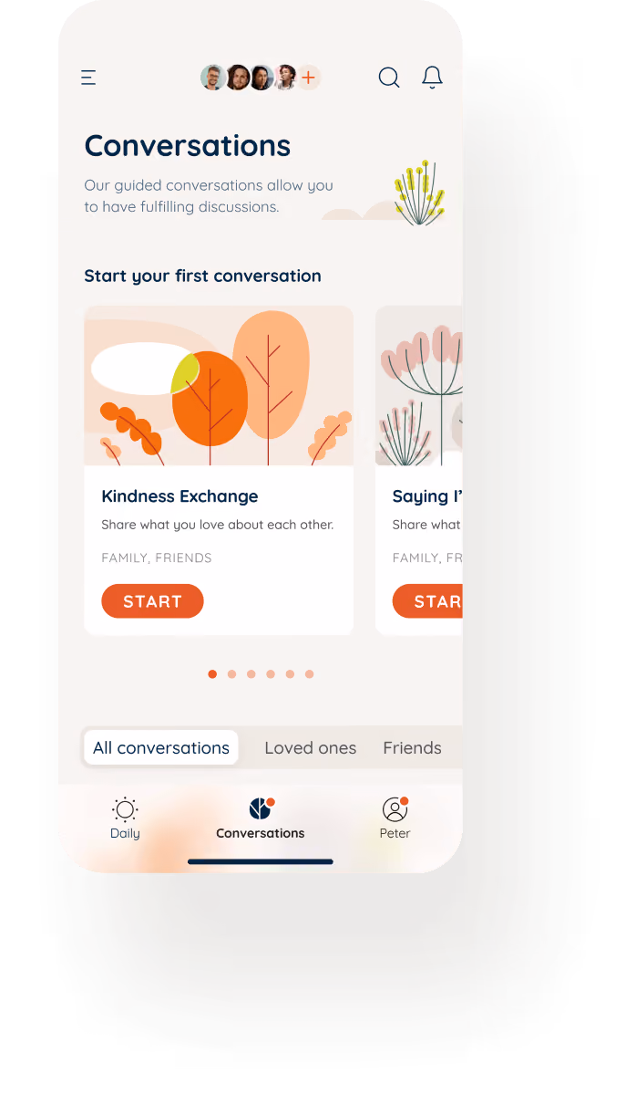 Mobile app screen showing Conversations tab with guided discussion cards including Kindness Exchange and Saying I’m Sorry prompts.