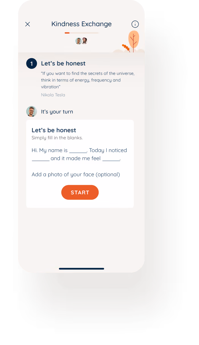 Mobile app screen titled Kindness Exchange showing a fill-in-the-blanks activity with a Nikola Tesla quote about energy, frequency, and vibration, and a start button.