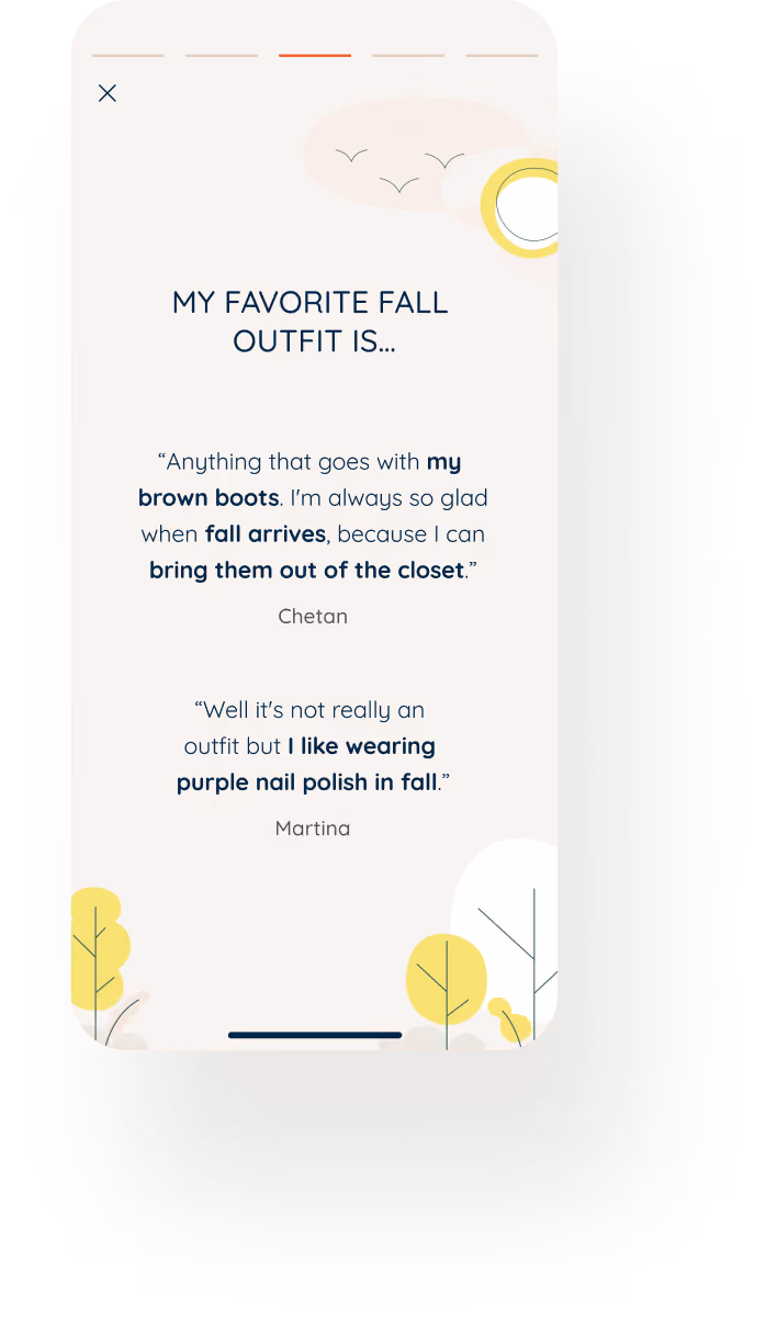 Mobile screen showing text about favorite fall outfits: Chetan loves brown boots in fall, Martina prefers wearing purple nail polish in fall.