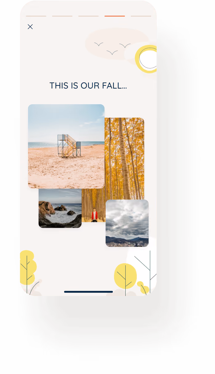 Mobile screen with fall-themed collage of photos including a sandy beach with a lifeguard stand, autumn trees with yellow leaves, rocky coastline, cloudy sky over mountains, and person in red jacket among trees with text 'THIS IS OUR FALL...'.