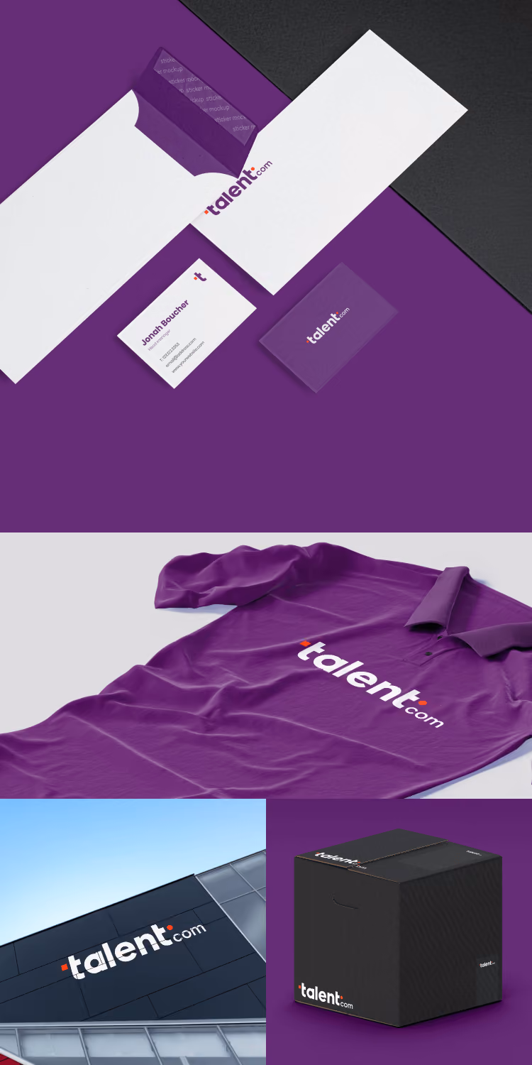 Collage showing white and purple Talent.com branded stationery, purple Talent.com polo shirt, building signage, and black packaging box.