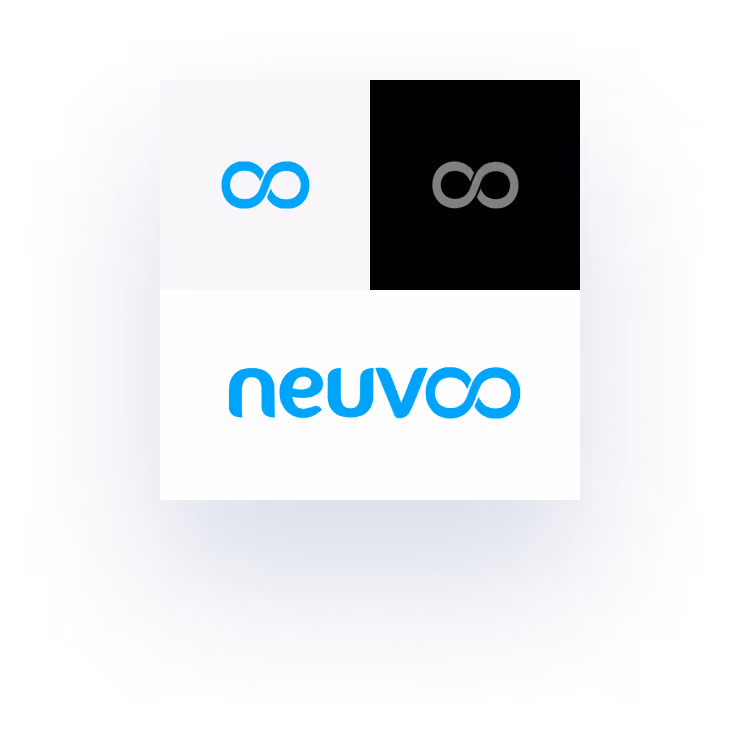 Trois variantes du logo Neuvoo : en haut à gauche, un symbole de l'infini bleu sur fond blanc ; en haut à droite, un symbole de l'infini gris sur fond noir ; et en bas, le texte « neuvoo » en bleu sur fond blanc, avec un symbole de l'infini remplaçant le double « o ».
