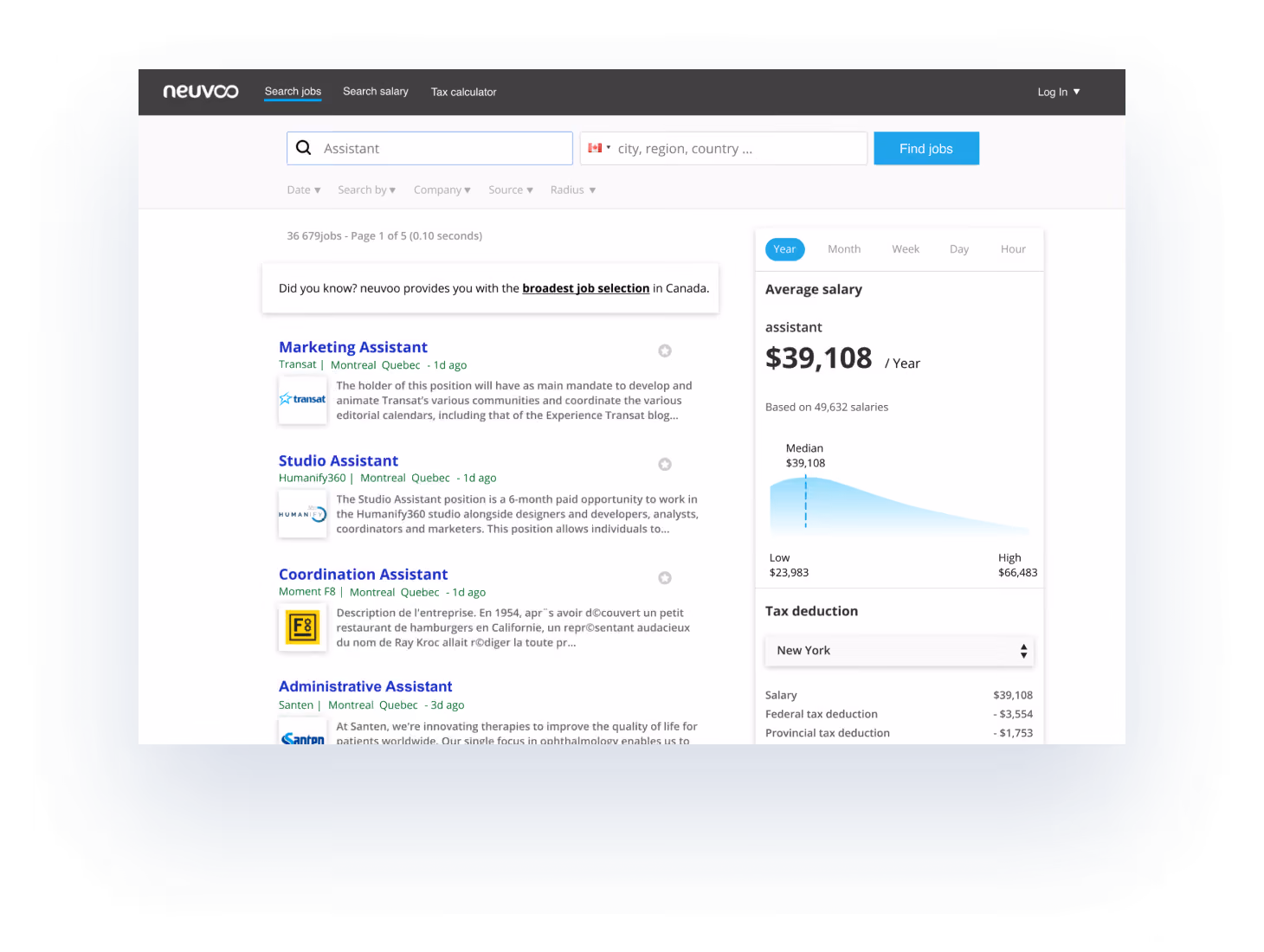 Job search results for assistant positions in Canada on neuvoo, showing listings for Marketing Assistant, Studio Assistant, Coordination Assistant, and Administrative Assistant, with an average salary of $39,108 per year based on 49,632 salaries.