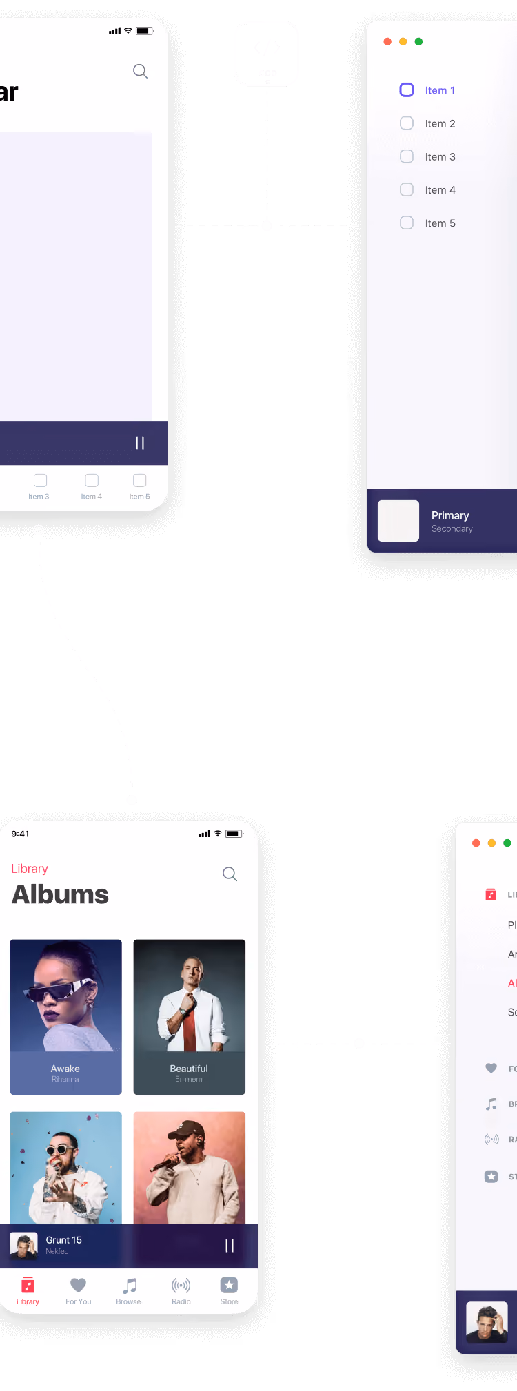 Graphic showing mobile and desktop music app interfaces with album selections, checklists, and playback controls connected by dashed lines to a central code icon.