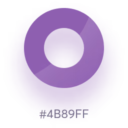 Purple circular button with a reflective shine and text displaying the hex color code #7489FF beneath.
