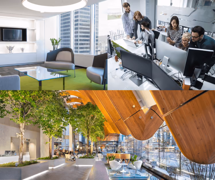 Collage représentant des intérieurs de bureaux modernes, comprenant un espace détente avec des fauteuils gris, une équipe travaillant en collaboration devant des postes de travail équipés d'ordinateurs, ainsi qu'un hall d'accueil spacieux agrémenté de grands arbres et de panneaux de plafond en bois.