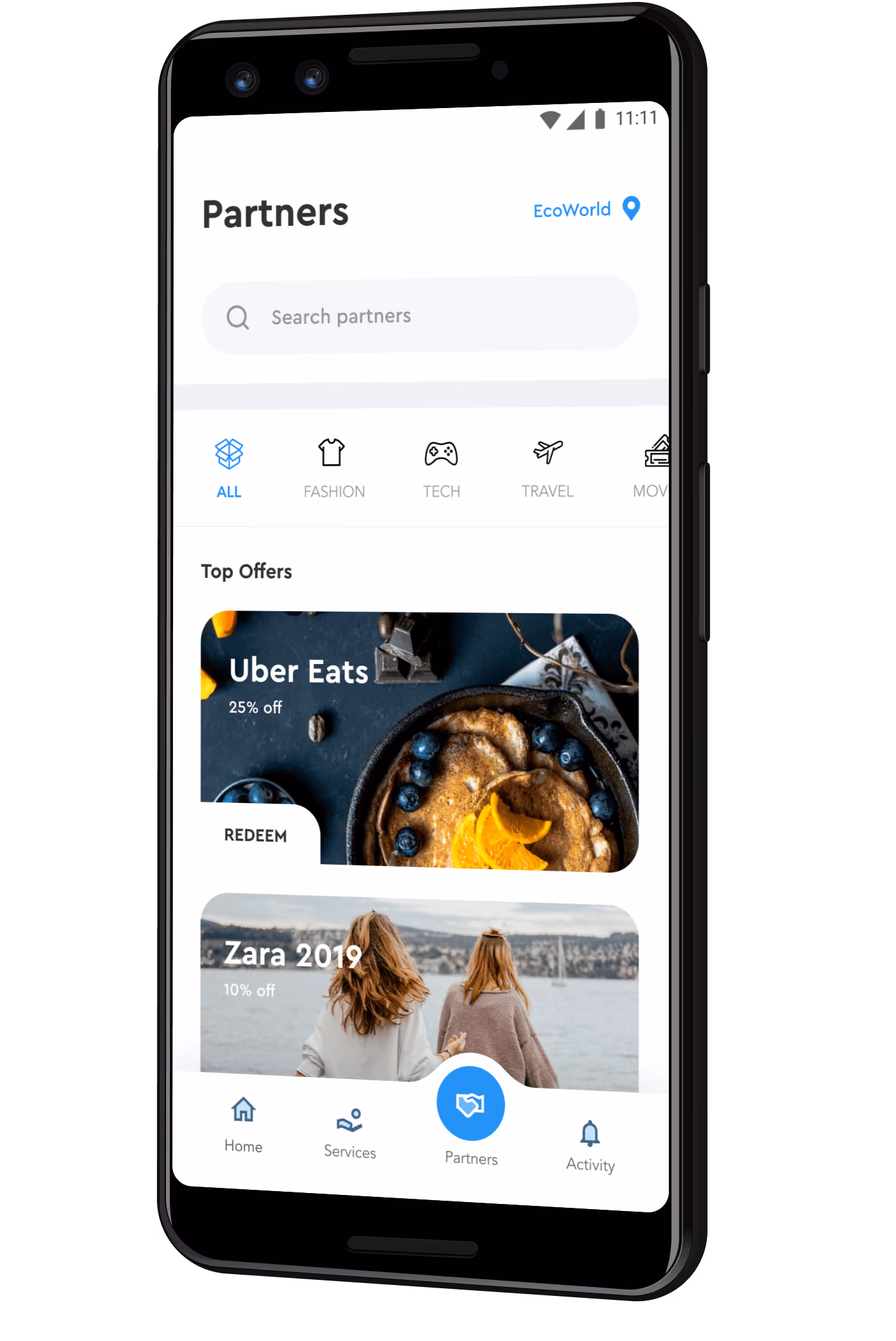 Mobile app screen showing partners section with search bar, category icons, and top offers including Uber Eats 25% off and Zara 2019 10% off.