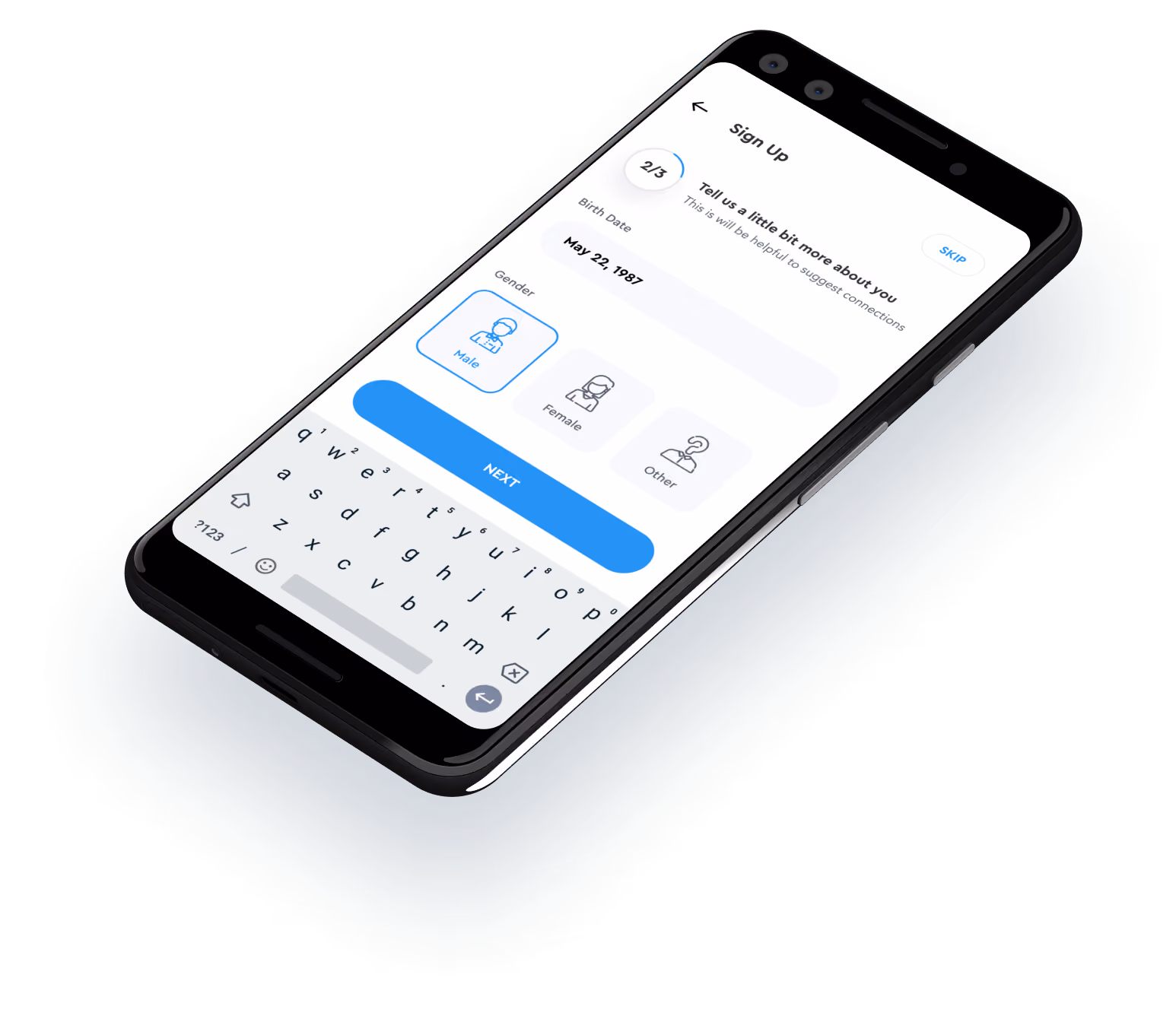 Smartphone displaying a sign-up screen asking for birth date and gender with options Male, Female, and Other, and a visible keyboard.