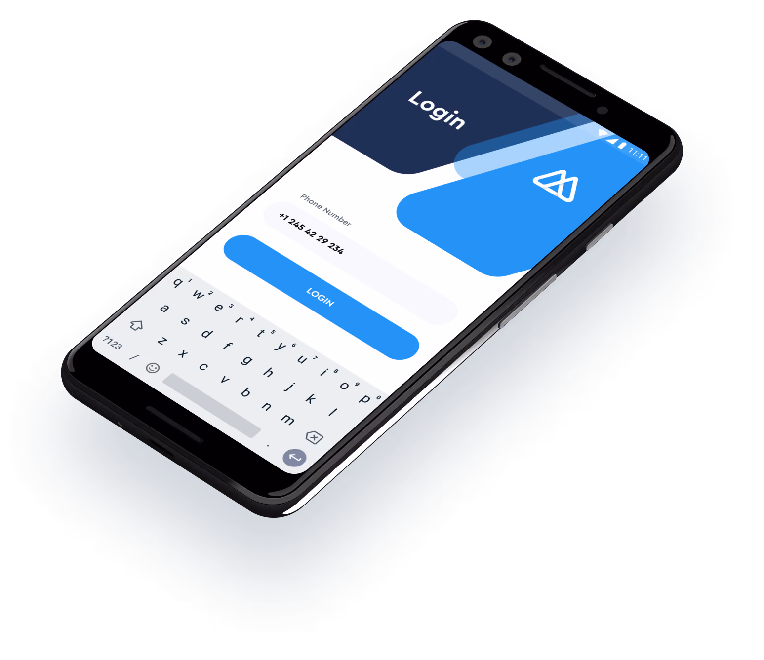 Smartphone displaying a login screen with phone number input and visible on-screen keyboard.