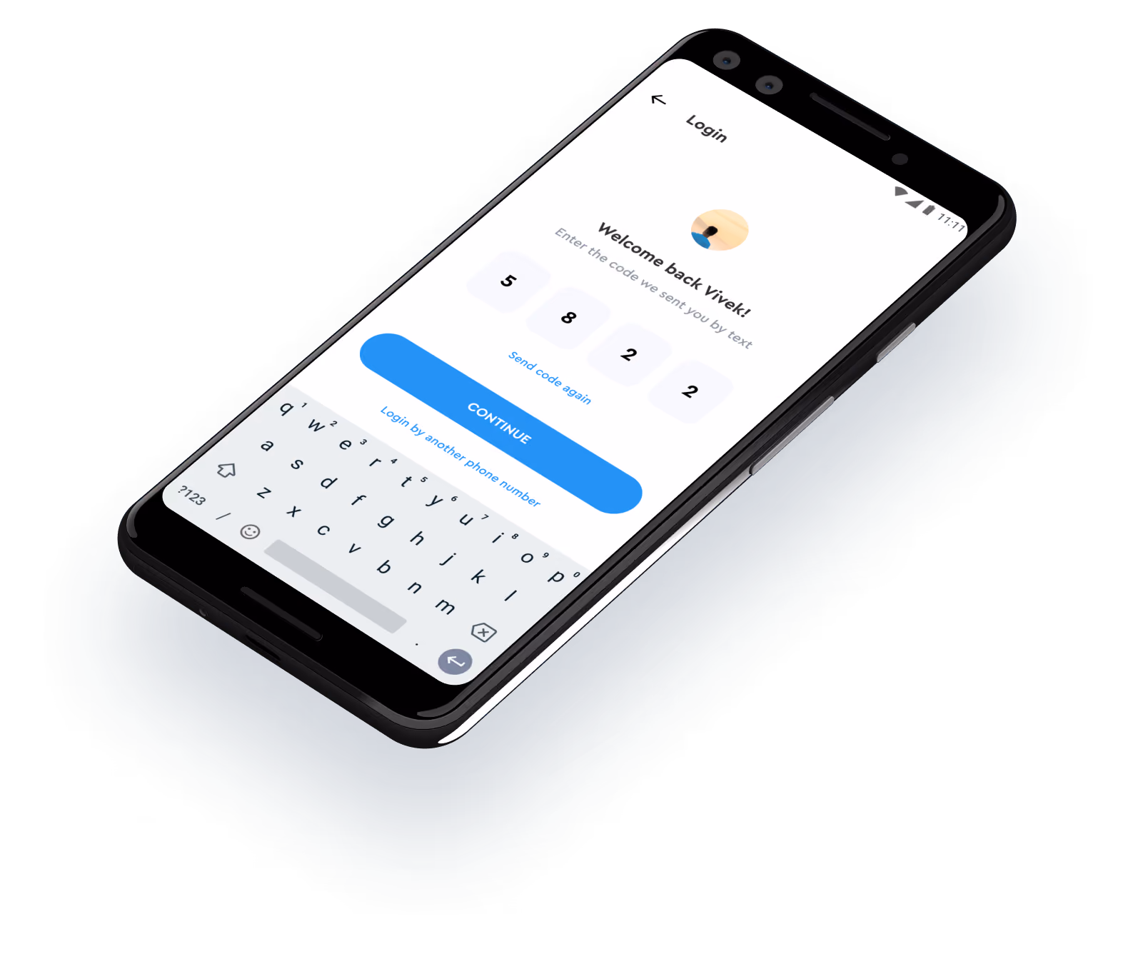 Smartphone screen showing login with a 4-digit code input for user Vivek and a visible keyboard.