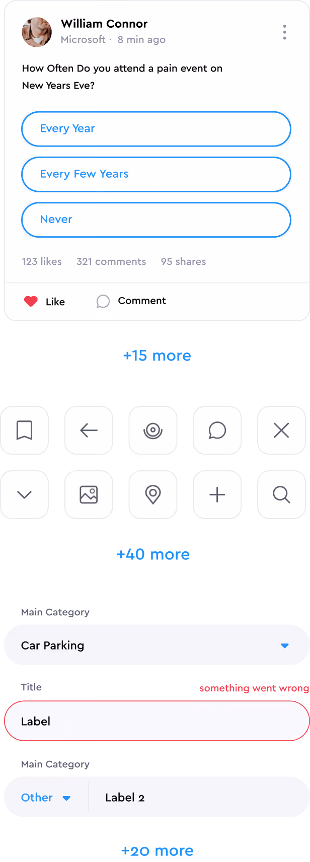 Social media post by William Connor asking how often users attend a pain event on New Year's Eve, with options Every Year, Every Few Years, and Never, plus interaction icons and form fields below.