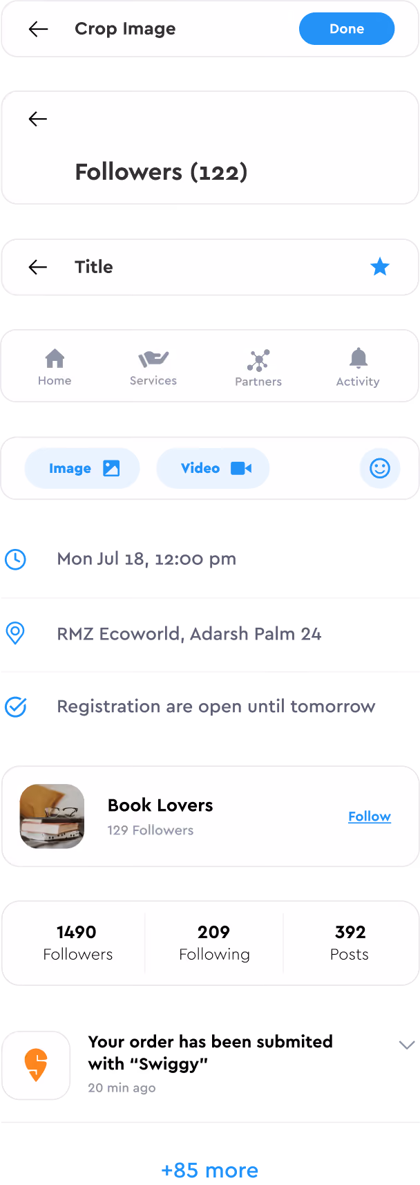 Mobile app interface showing navigation bars, followers and following stats, a post with timestamp and location, and a follow button for Book Lovers group.