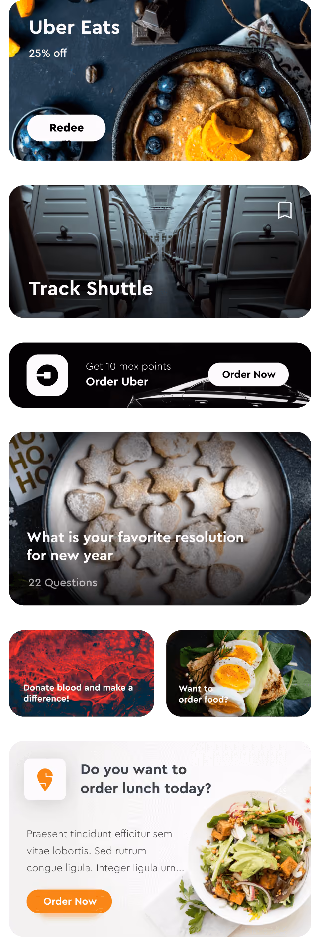 App interface showing Uber Eats 25% off with pancakes and blueberries, empty shuttle bus seats, Uber car with order prompt, holiday cookies, blood donation call, food order question, and salad with lunch order prompt.