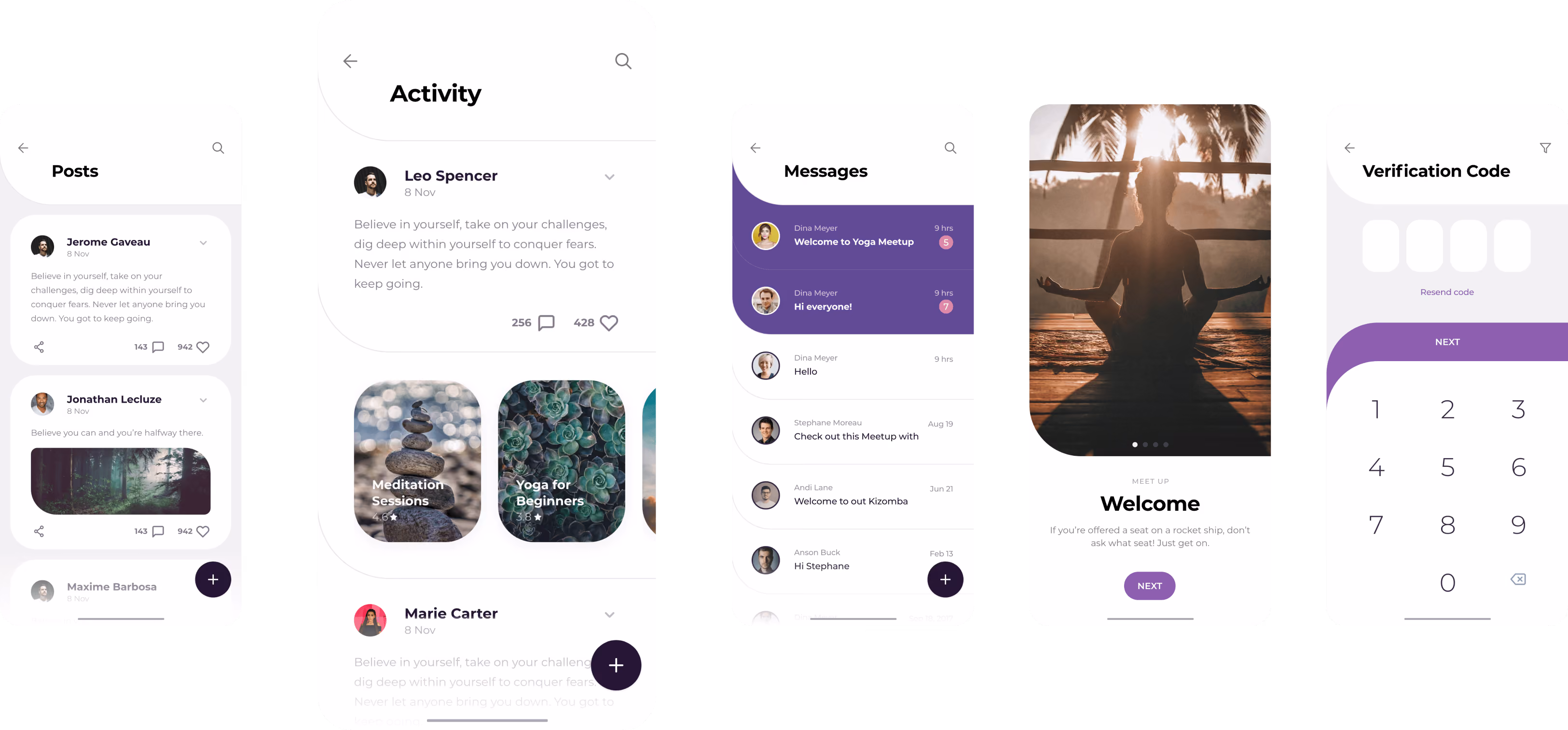 Five mobile app screens showing user posts, activity feed, messages, a yoga meetup welcome page with a person meditating at sunset, and a verification code input screen.