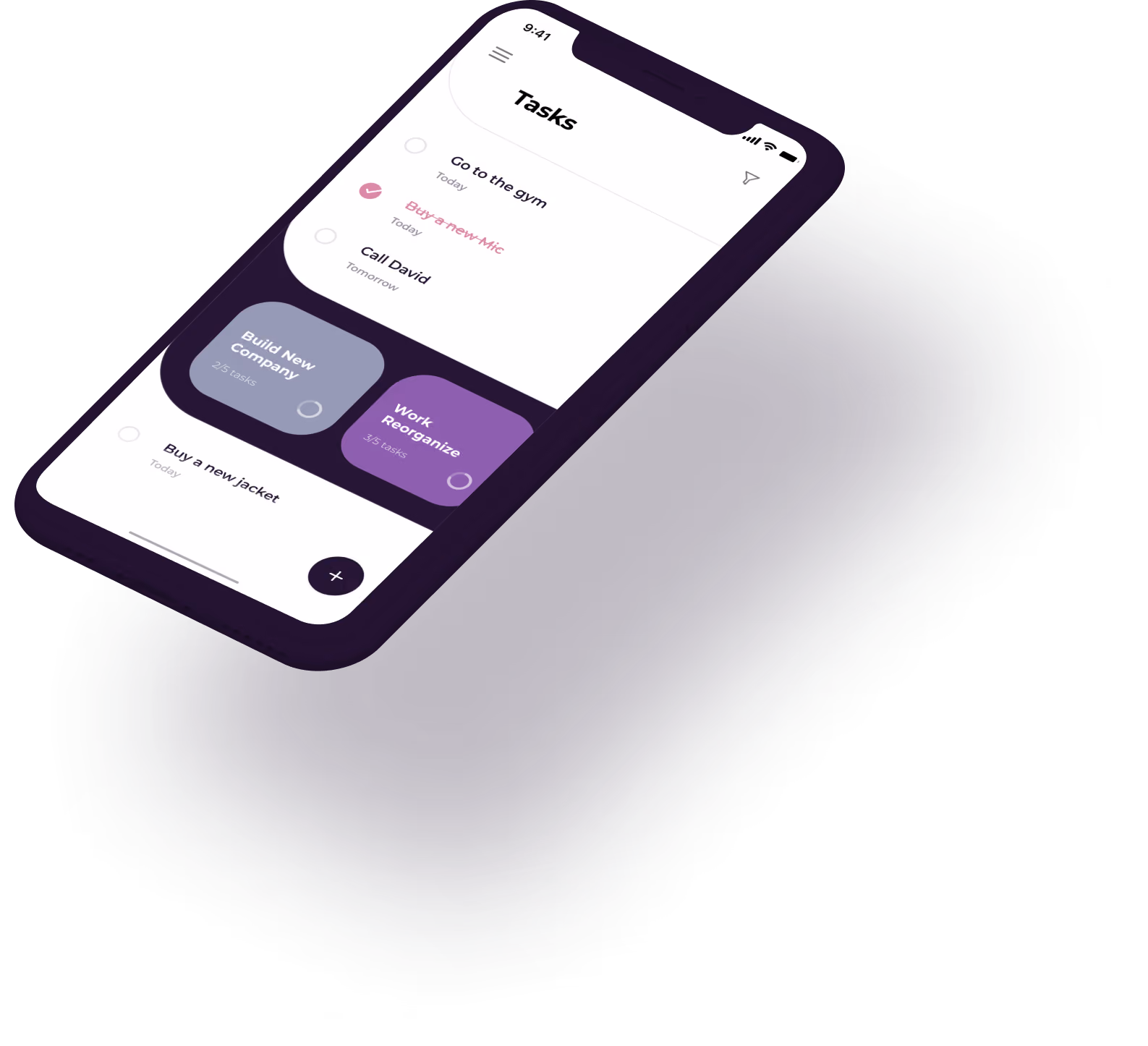 Smartphone screen displaying a task list app with tasks such as 'Go to the gym,' 'Buy a new Mic' crossed out, 'Call David,' and categories 'Build New Company' and 'Work Reorganize' with task counts.