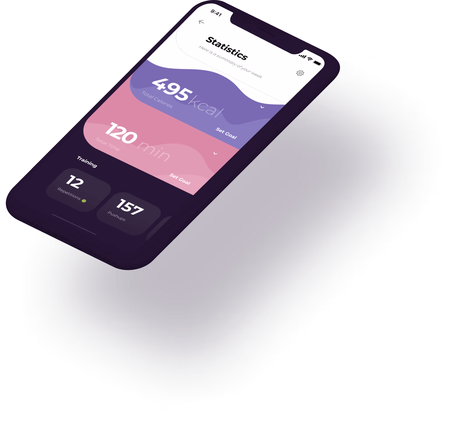 Smartphone screen showing a fitness app with weekly statistics: 495 kcal total calories, 120 min total time, 12 repetitions and 157 pushups completed.