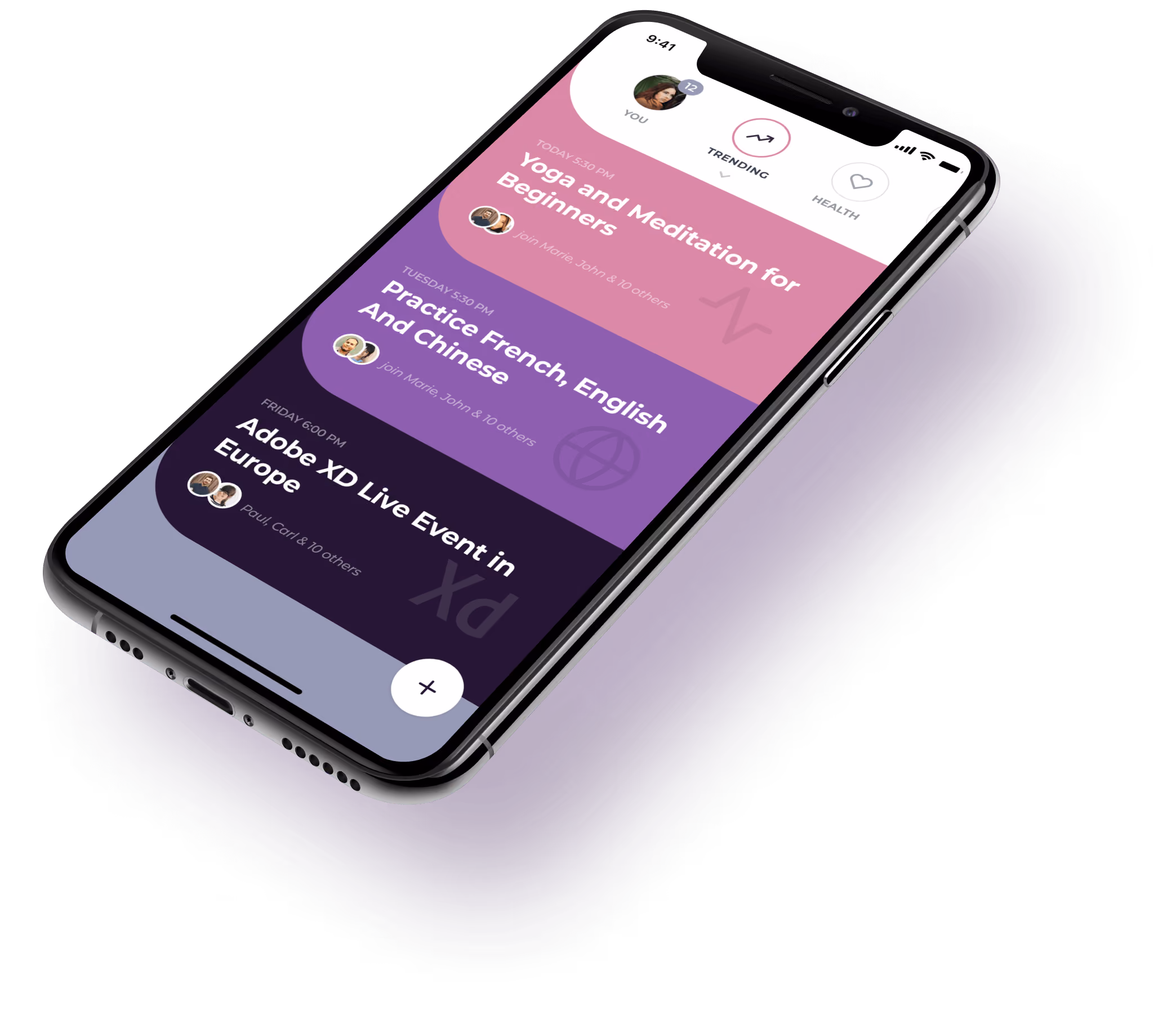 Smartphone screen showing a list of trending events including Yoga and Meditation for Beginners, Practice French English and Chinese, and Adobe XD Live Event in Europe.
