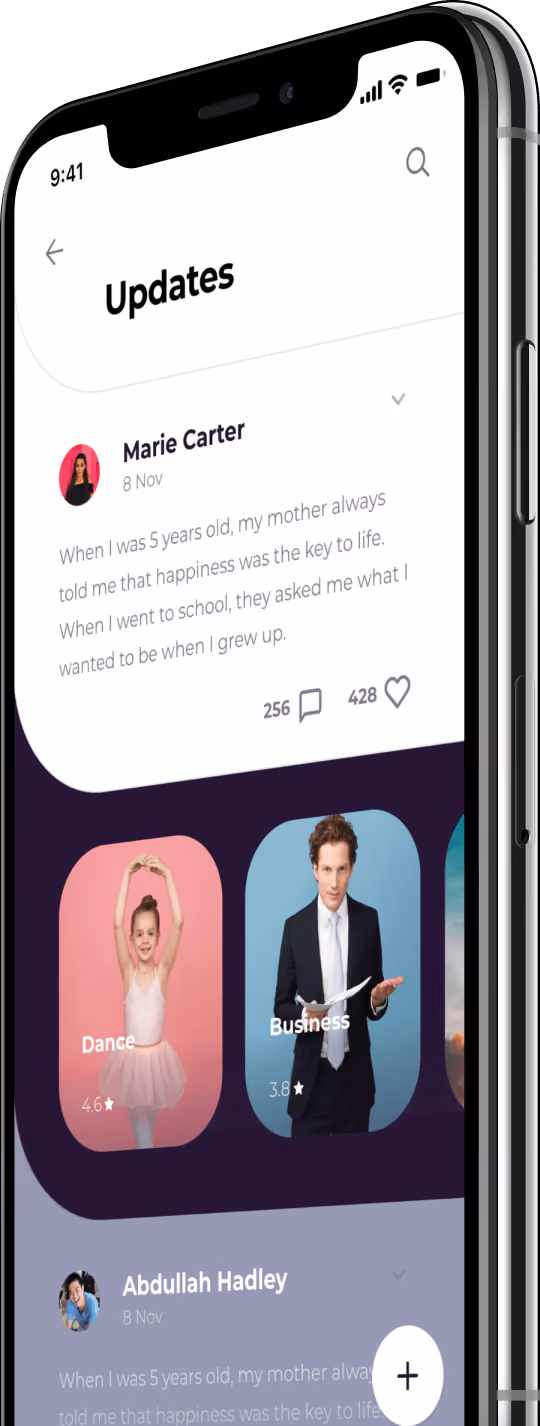 Smartphone screen showing an 'Updates' feed with a post by Marie Carter about happiness, and two rounded cards below labeled 'Dance' with a young ballerina and 'Business' with a man in a suit.