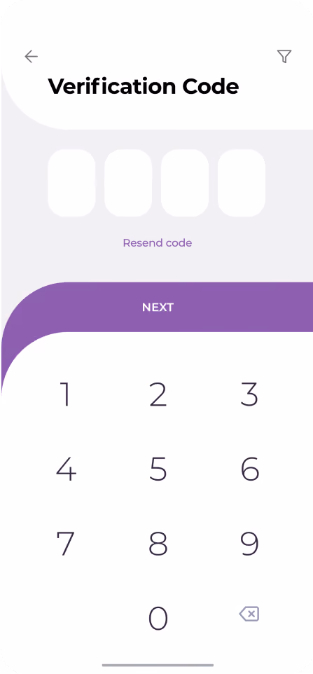 Mobile screen showing a verification code input with four empty boxes, a resend code option, and a numeric keypad with a next button.
