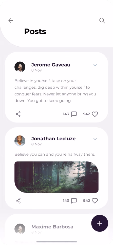 Mobile app screen showing posts feed with motivational quotes by Jerome Gaveau and Jonathan Lecluze, including a forest image.