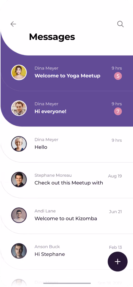 Mobile screen showing a messages app with multiple conversations, including two highlighted messages from Dina Meyer about Yoga Meetup and a greeting.