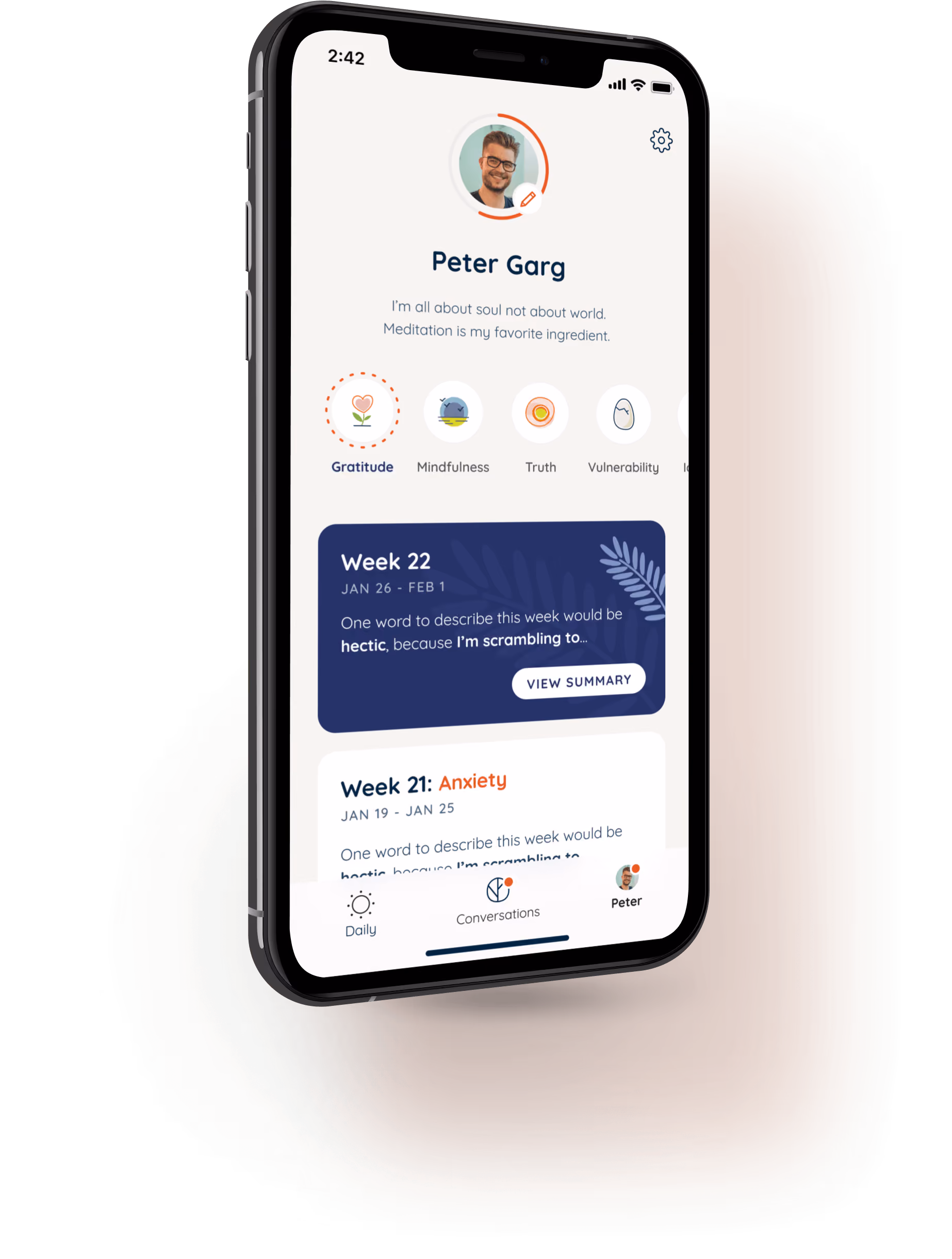 Mobile app screen showing user profile for Peter Garg with weekly mood summaries highlighting themes like gratitude, mindfulness, and anxiety.