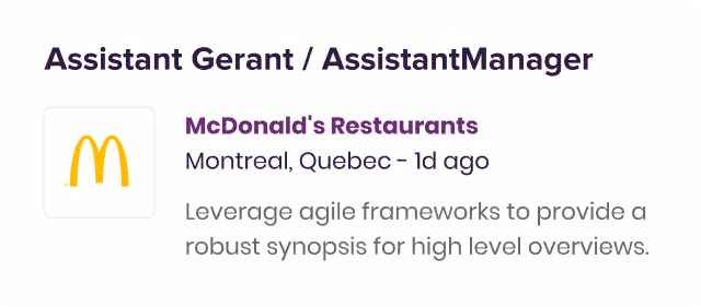 Offre d'emploi pour un poste de responsable adjoint dans les restaurants McDonald's à Montréal, au Québec, accompagnée d'une brève description sur l'utilisation des méthodes agiles pour obtenir une vue d'ensemble.