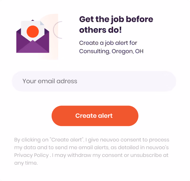 Email subscription form with envelope icon and text encouraging creating a job alert for Consulting in Oregon, OH.