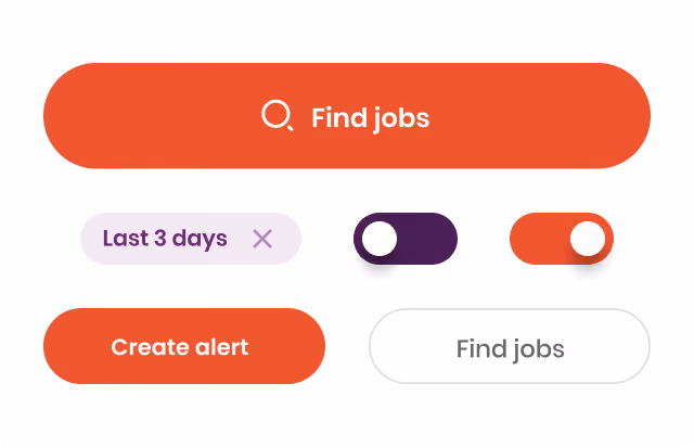 Interface utilisateur comportant un grand bouton rouge « Rechercher des offres d'emploi », un filtre « 3 derniers jours » muni d'une icône de fermeture, deux boutons à bascule — l'un violet (désactivé) et l'autre rouge (activé) — ainsi que deux boutons intitulés « Créer une alerte » en rouge et « Rechercher des offres d'emploi » avec un contour gris.