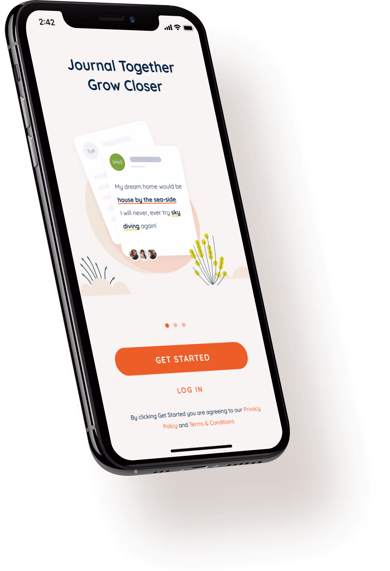 Smartphone screen showing a journaling app with the text 'Journal Together Grow Closer', example journal entries, and buttons for 'Get Started' and 'Log In'.