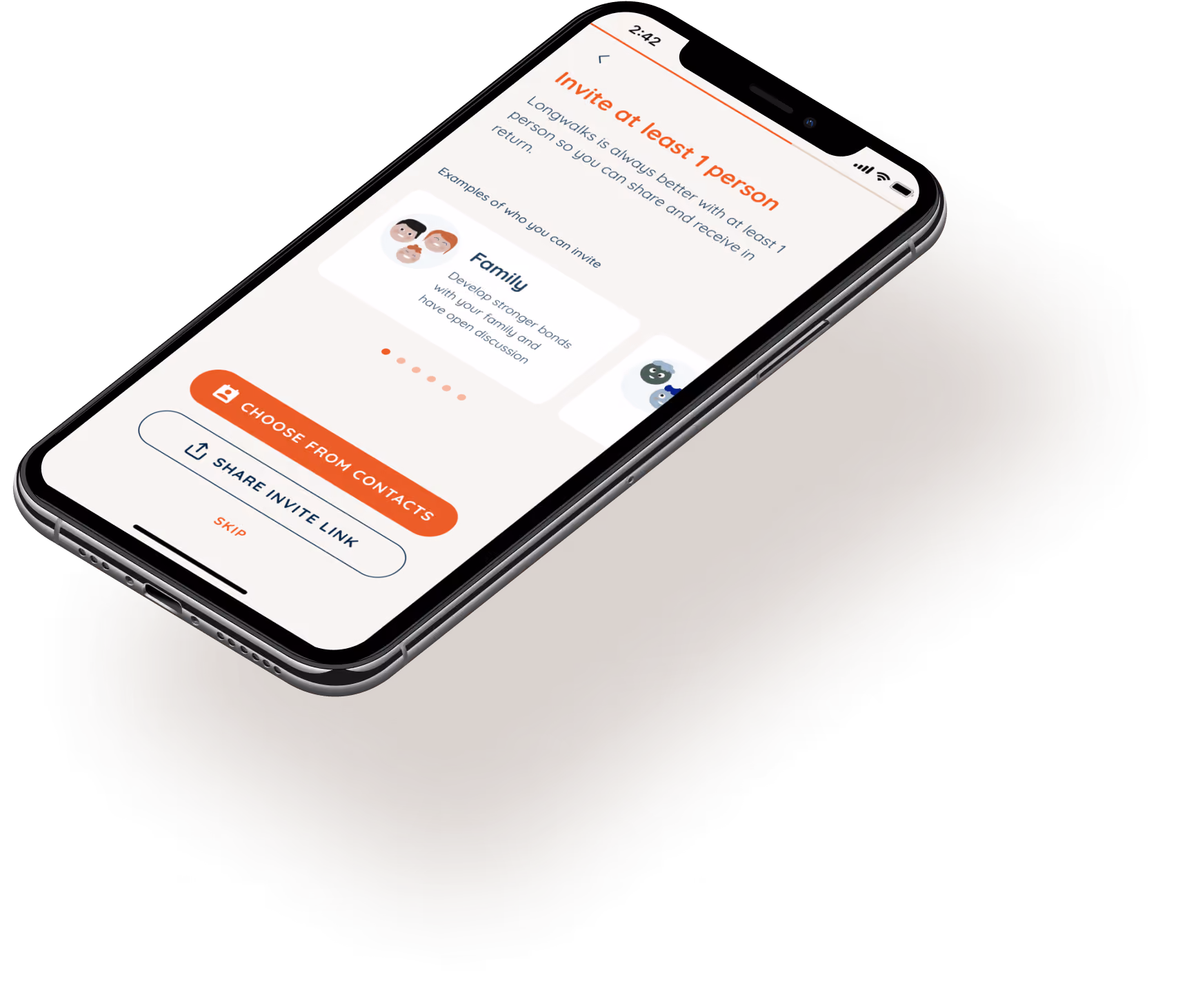 Mobile screen showing app page titled 'Invite at least 1 person' with option to choose from contacts or share invite link, and a family illustration example.