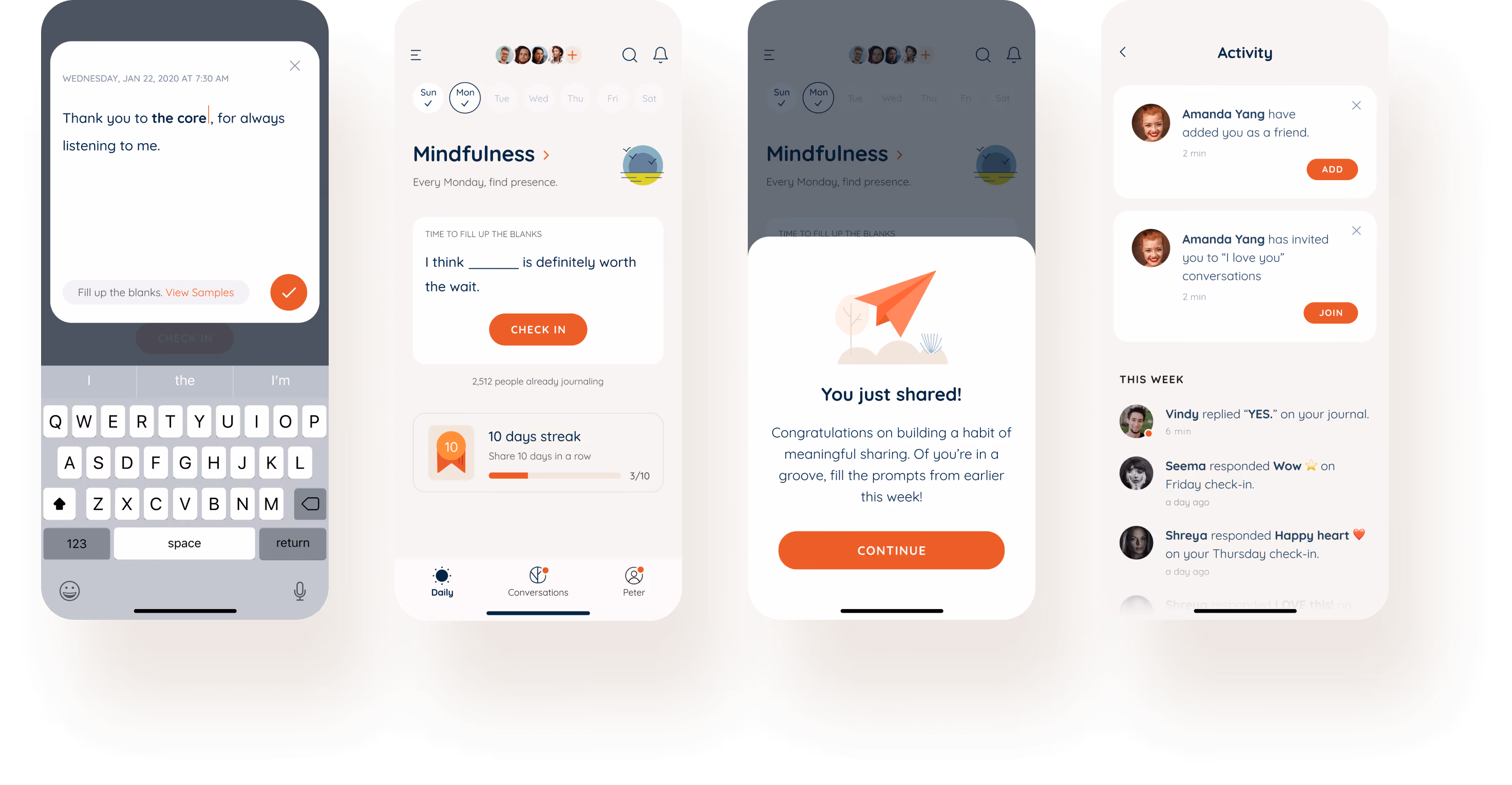 Four mobile screens showing a mindfulness journaling app with a text input, daily checklist, sharing confirmation, and activity feed.
