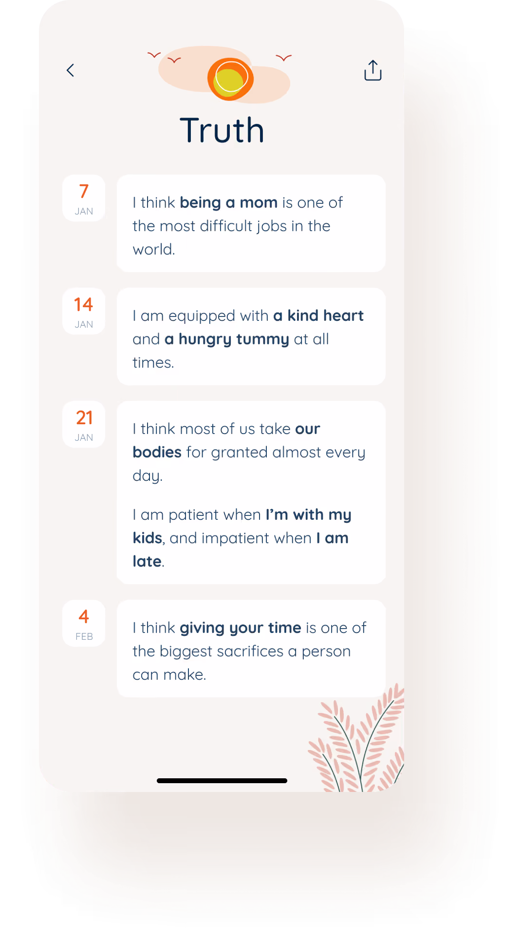 Mobile app screen titled Truth showing dated personal reflections about motherhood and time sacrifices from January 7 to February 4.
