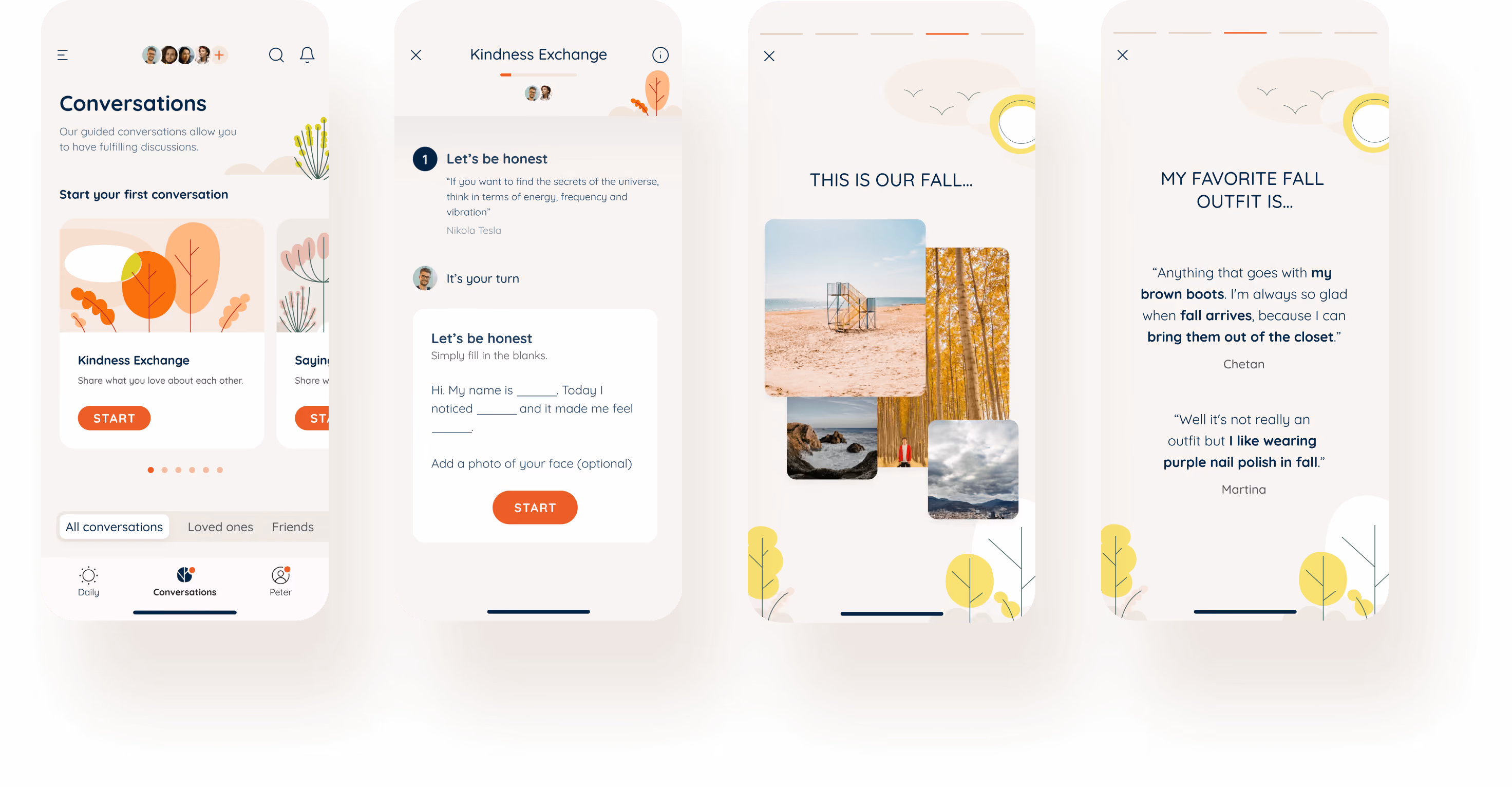 Four smartphone screens showing a conversation app with prompts about kindness exchange, fall photos, and favorite fall outfits.