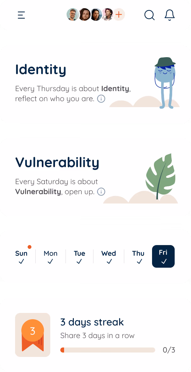 App interface showing weekly themes: Identity on Thursdays with a blue character wearing a green hat, Vulnerability on Saturdays with a green leaf icon, a row of weekdays with Friday selected, and a progress bar indicating a 3-day streak.