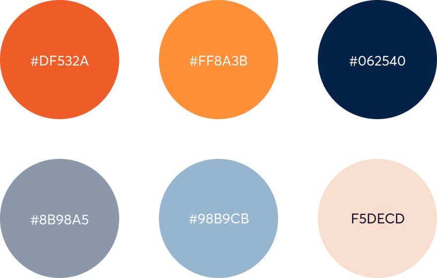 Palette of six color circles showing hex codes: reddish orange #DF532A, bright orange #FF8A3B, dark navy blue #062540, muted gray-blue #8B98A5, soft blue #98B9CB, and pale peach #F5DECD.