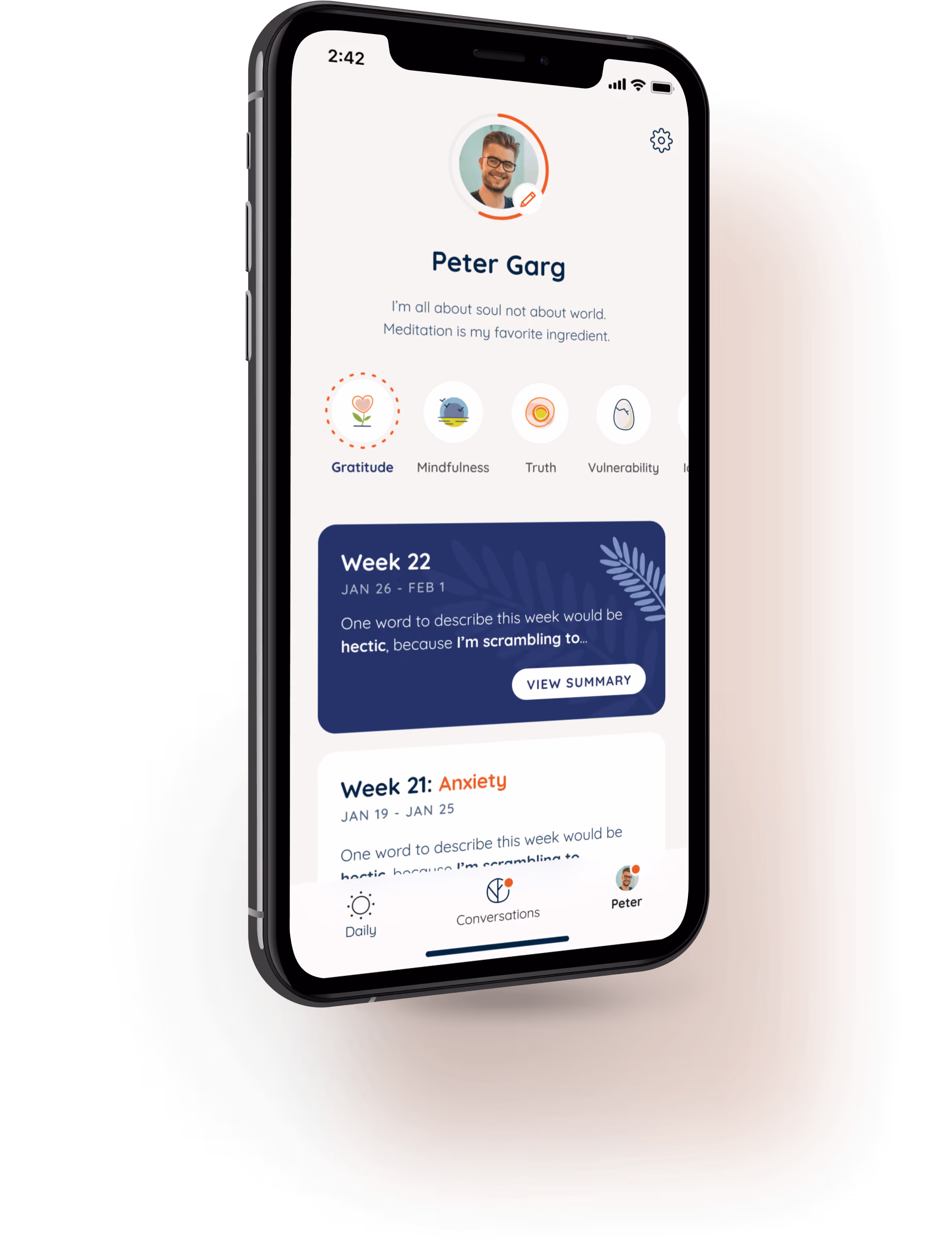 Smartphone screen showing a meditation app user profile for Peter Garg with weekly mood summaries, categories like Gratitude and Mindfulness, and navigation icons at the bottom.