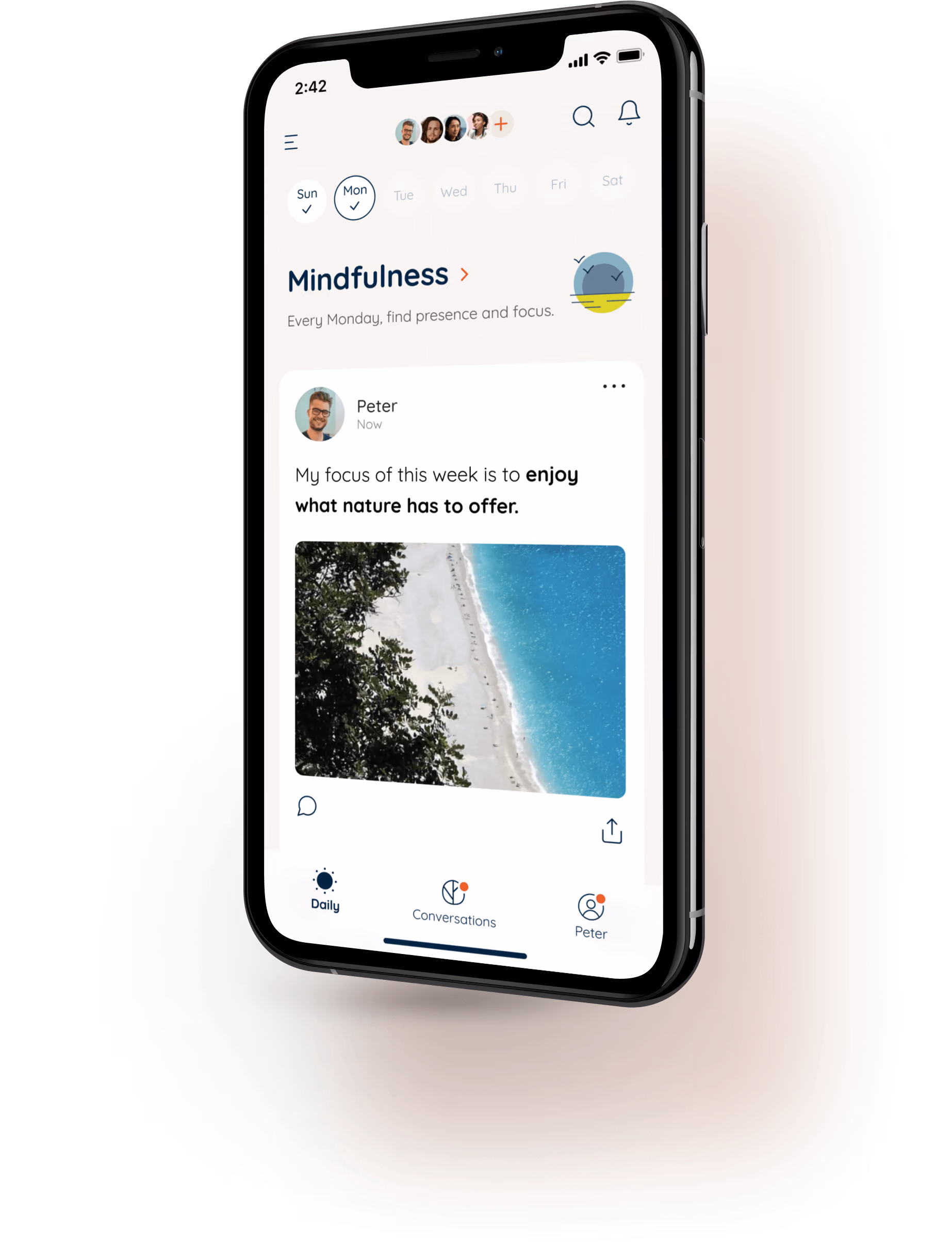 Smartphone screen showing a mindfulness app with a post by Peter focusing on enjoying what nature has to offer, featuring a beach photo.