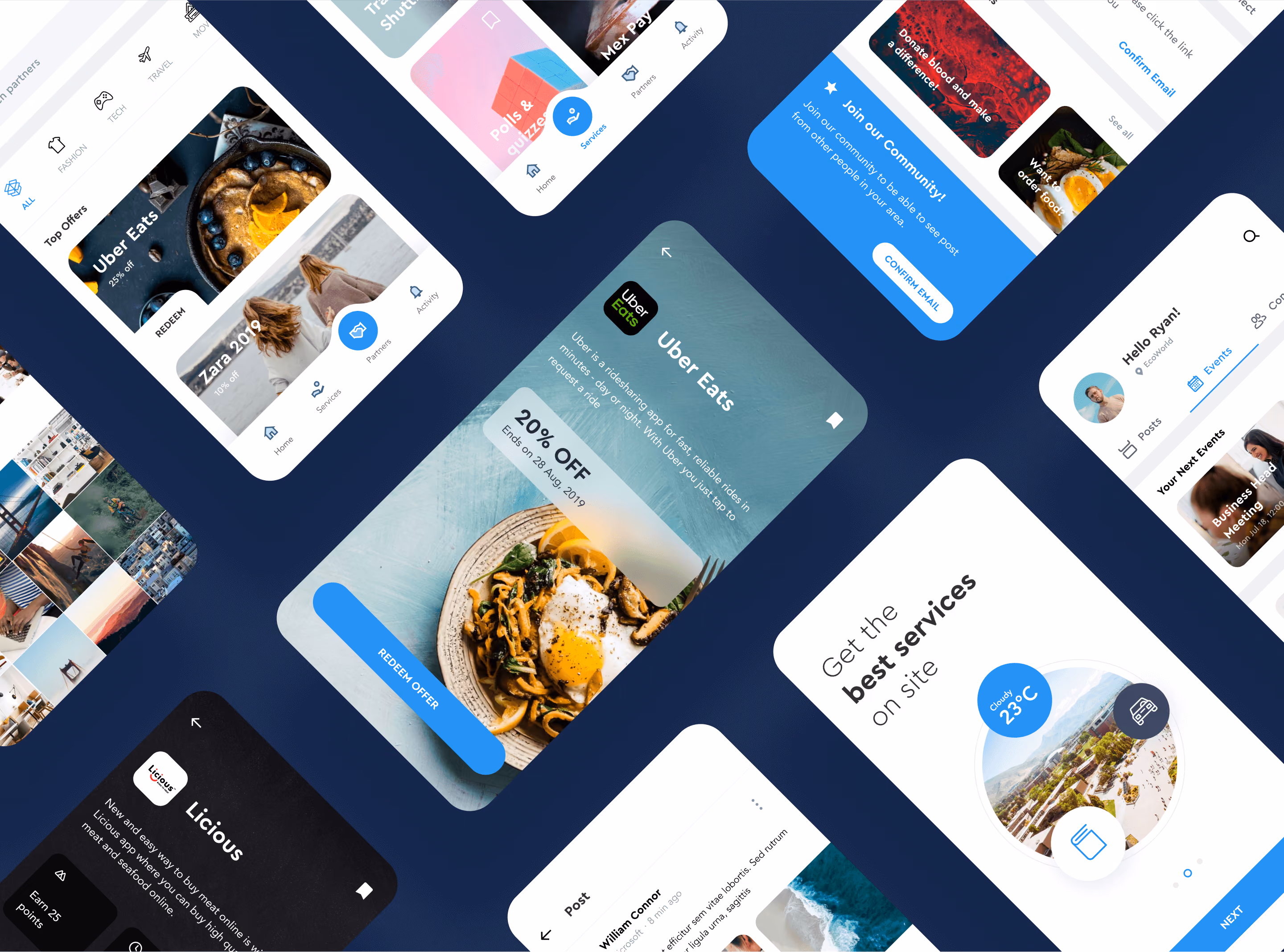 Collage of mobile app screens displaying food delivery offers, service navigation, profile events, and a weather widget with 23°C.